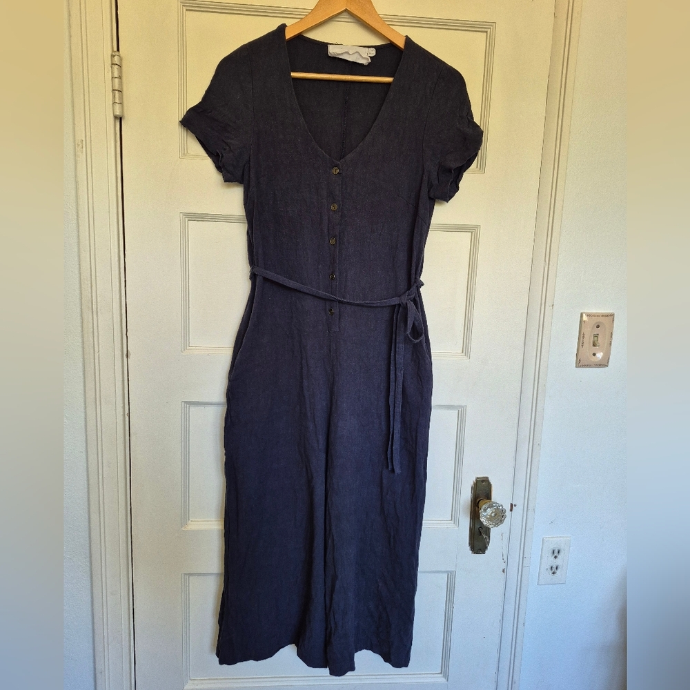 OKAKIE 100% Linen Jumpsuit Size Small Dark Blue
